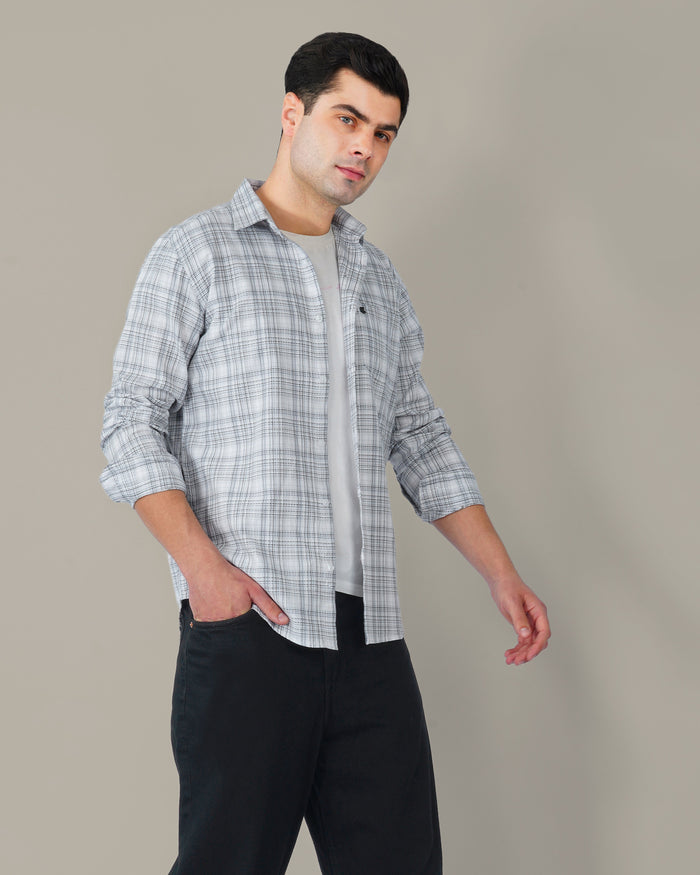 Light Blue Checked 100% Cotton Slub Button-Down Shirt