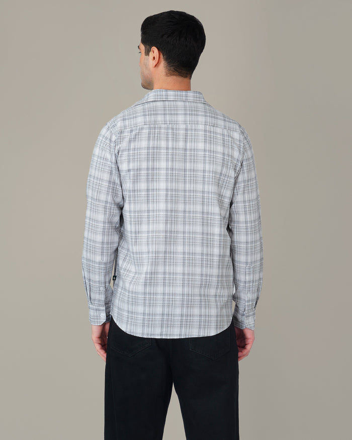 Light Blue Checked 100% Cotton Slub Button-Down Shirt