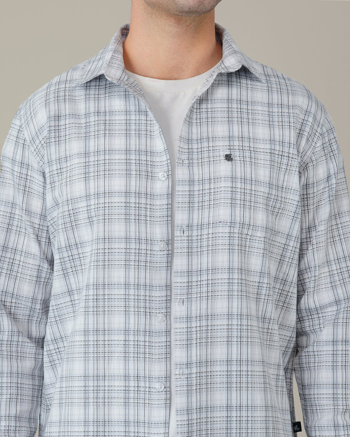 Light Blue Checked 100% Cotton Slub Button-Down Shirt