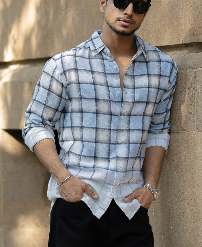 Light Blue Faded Checks Shirt 100% Cotton