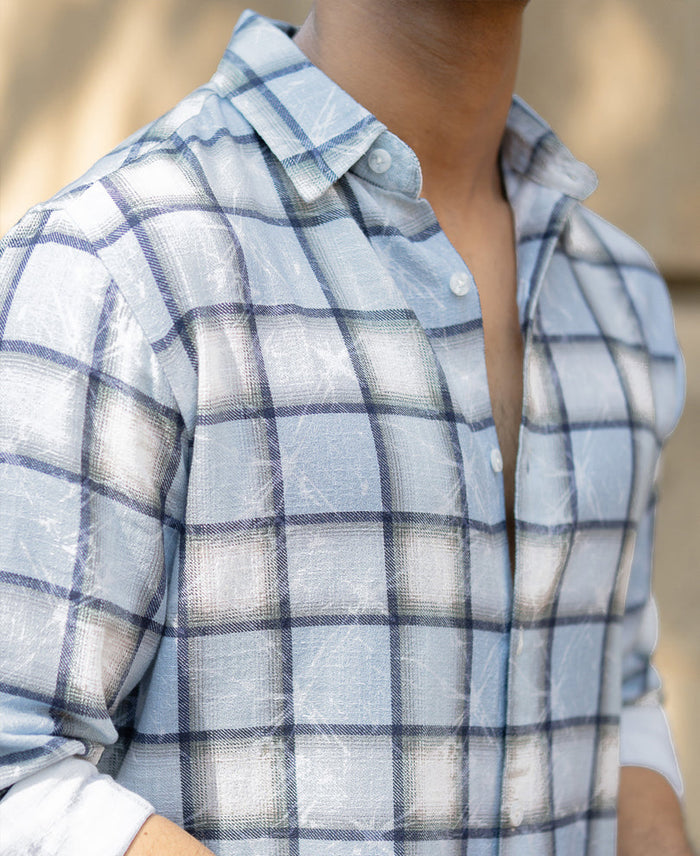 Light Blue Faded Checks Shirt 100% Cotton