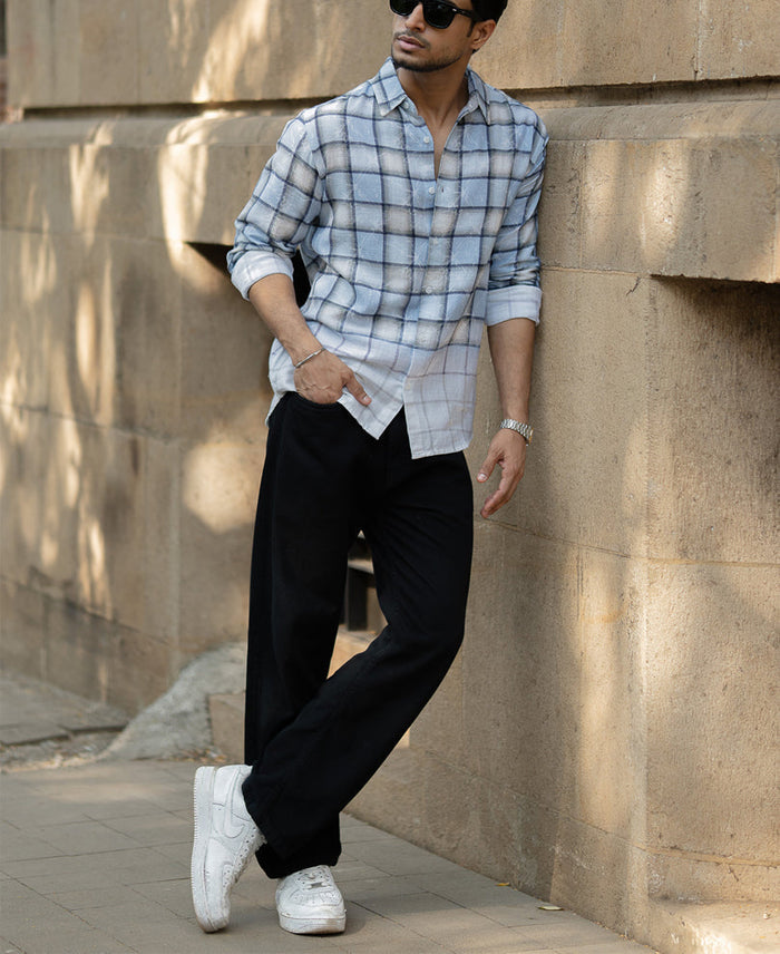 Light Blue Faded Checks Shirt 100% Cotton