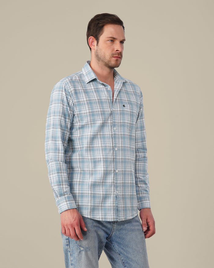 Light Blue Plaid 100% Cotton Slub Shirt