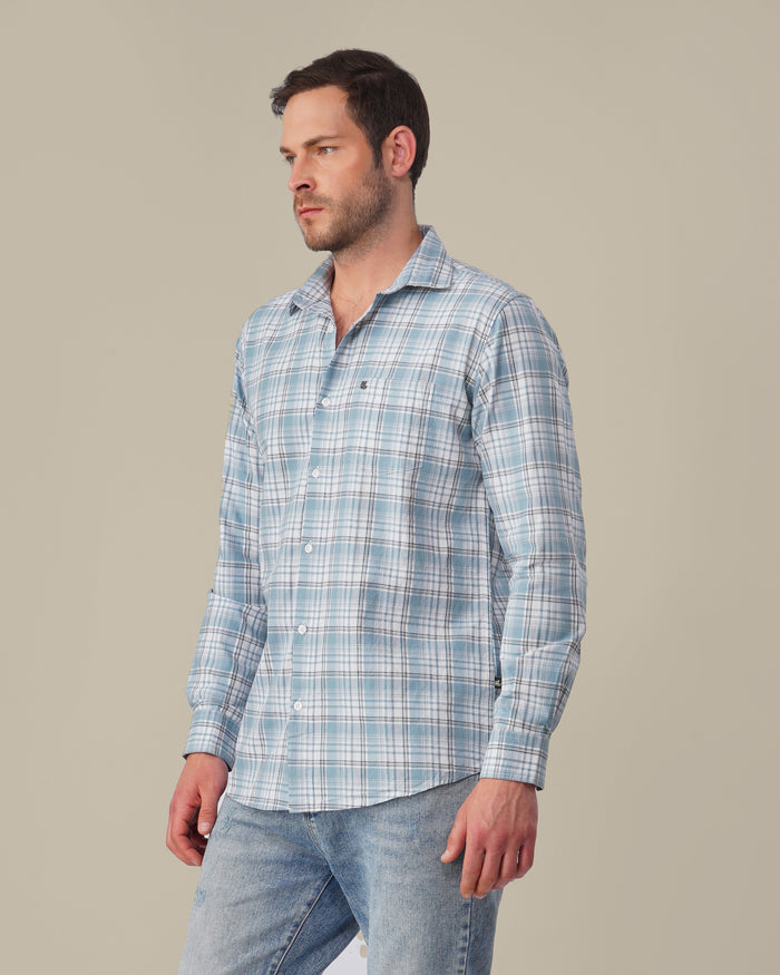 Light Blue Plaid 100% Cotton Slub Shirt