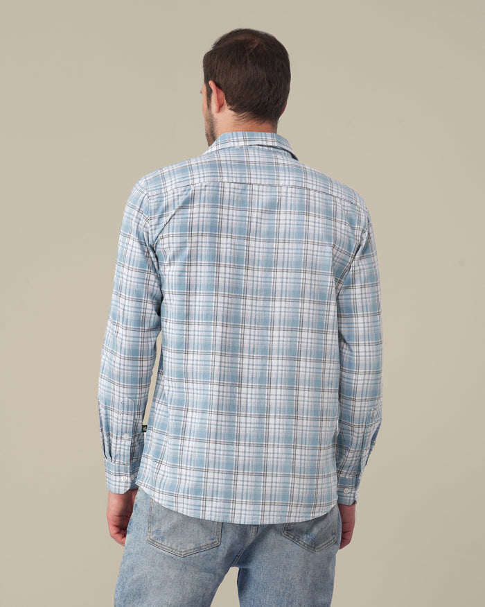 Light Blue Plaid 100% Cotton Slub Shirt
