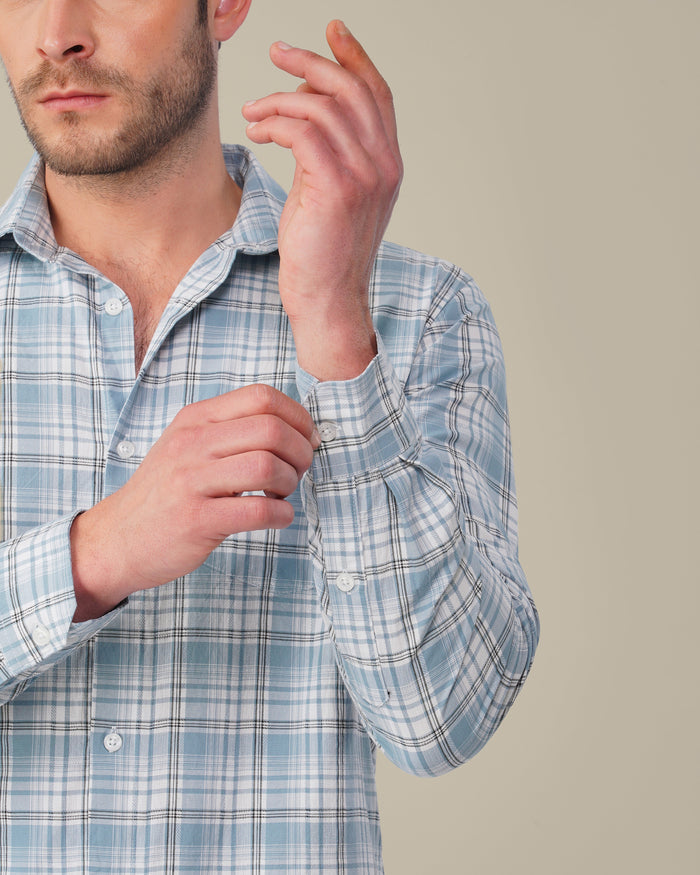 Light Blue Plaid 100% Cotton Slub Shirt
