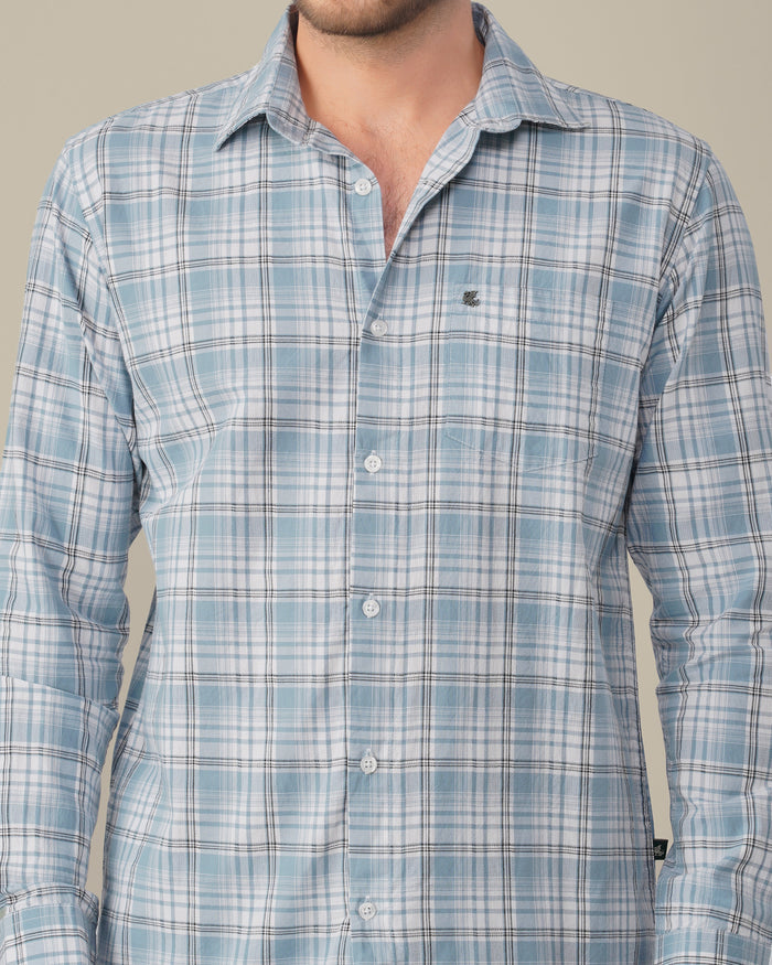 Light Blue Plaid 100% Cotton Slub Shirt