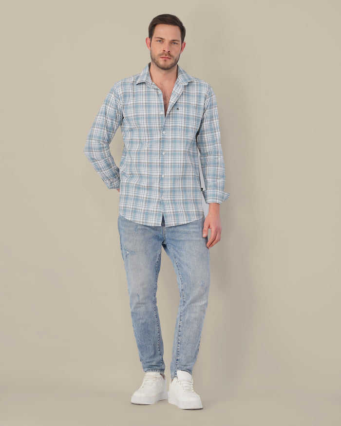 Light Blue Plaid 100% Cotton Slub Shirt