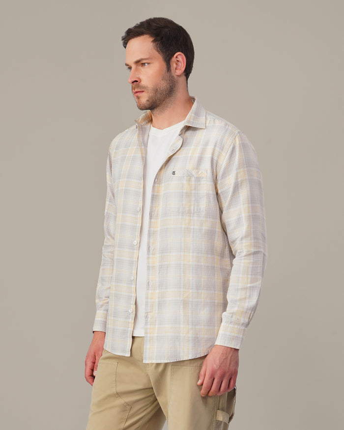 Light Gray and Yellow Checkered 100% Cotton Slub Weave Shirt