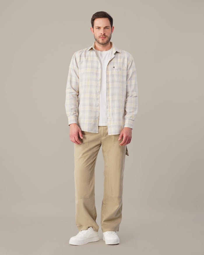 Light Gray and Yellow Checkered 100% Cotton Slub Weave Shirt