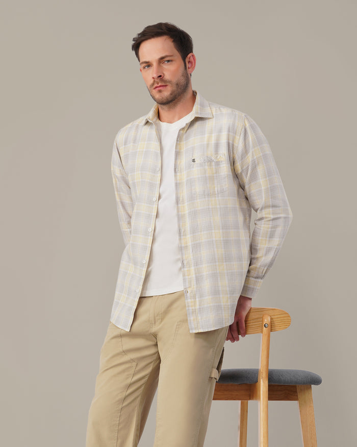 Light Gray and Yellow Checkered 100% Cotton Slub Weave Shirt