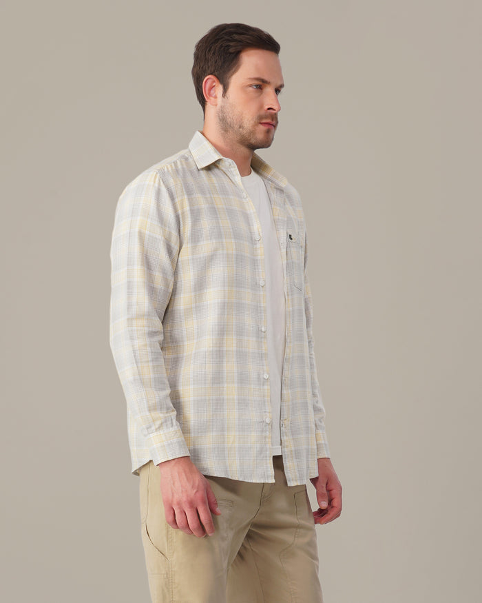 Light Gray and Yellow Checkered 100% Cotton Slub Weave Shirt