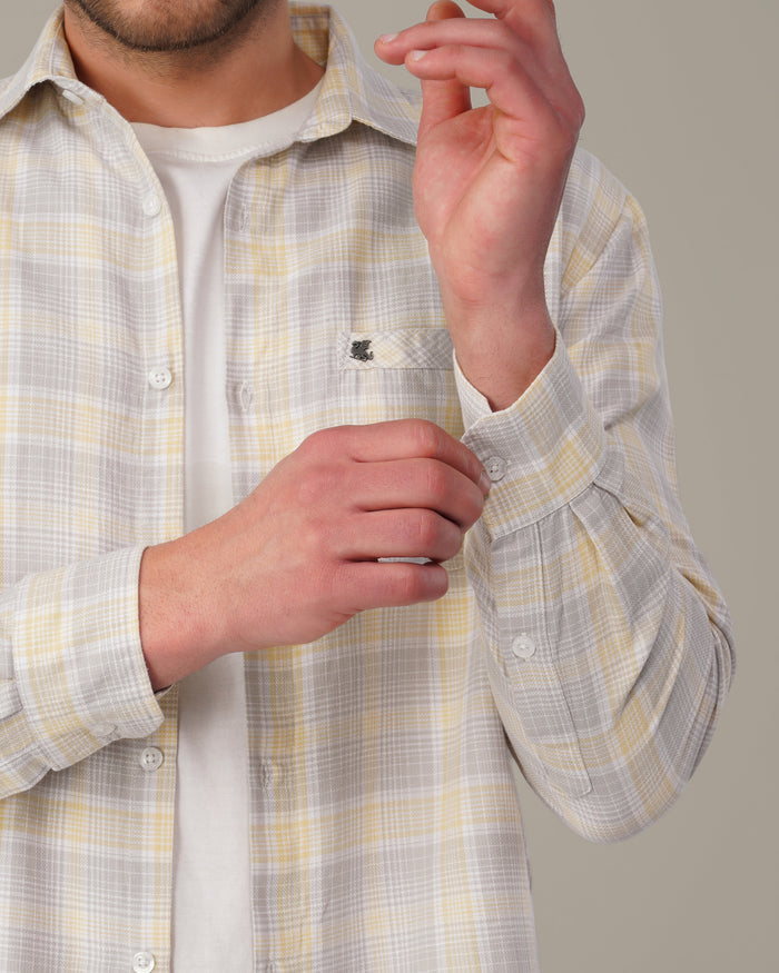 Light Gray and Yellow Checkered 100% Cotton Slub Weave Shirt