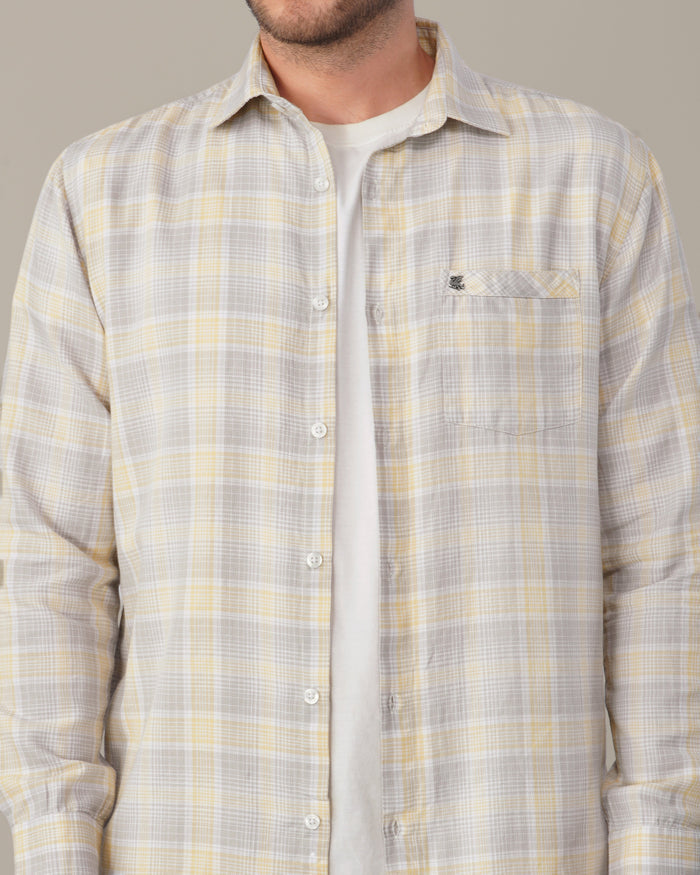 Light Gray and Yellow Checkered 100% Cotton Slub Weave Shirt