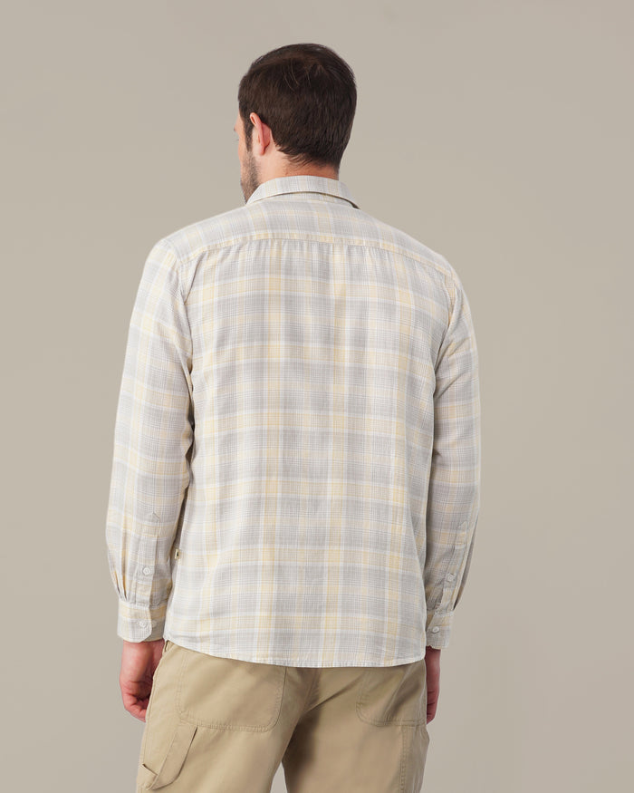 Light Gray and Yellow Checkered 100% Cotton Slub Weave Shirt