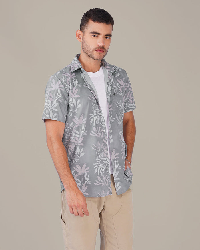 Light Gray Floral Polyester Blend Short Sleeve Shirt