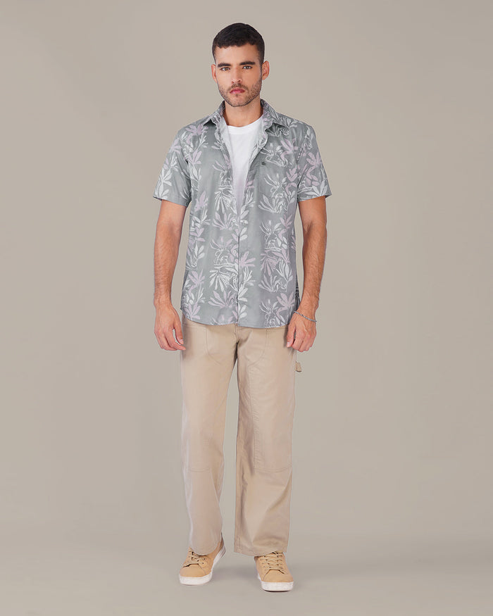 Light Gray Floral Polyester Blend Short Sleeve Shirt