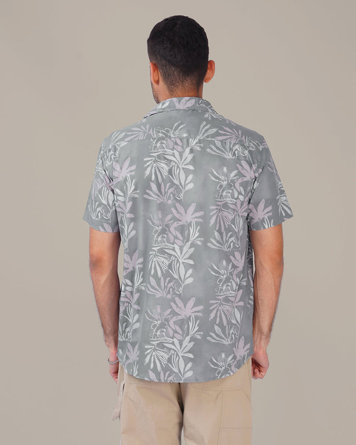 Light Gray Floral Polyester Blend Short Sleeve Shirt