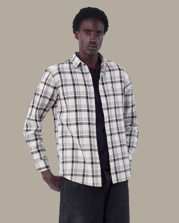 Light Grey and Navy Plaid 100% Cotton Poplin Button-Up Shirt