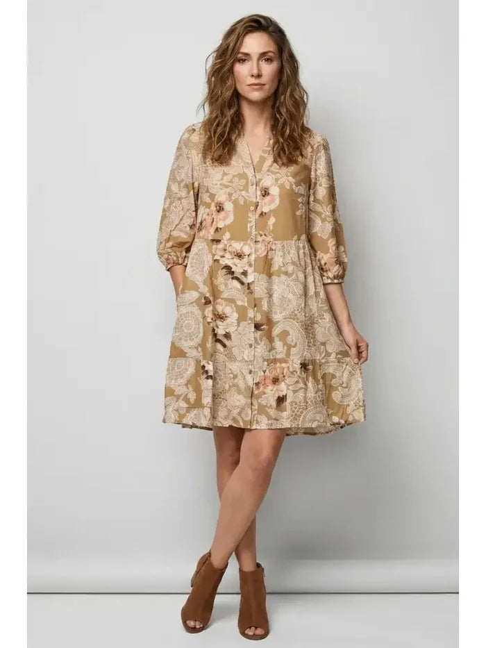Linique Floral Button Down Peasant Sleeve Midi Dress
