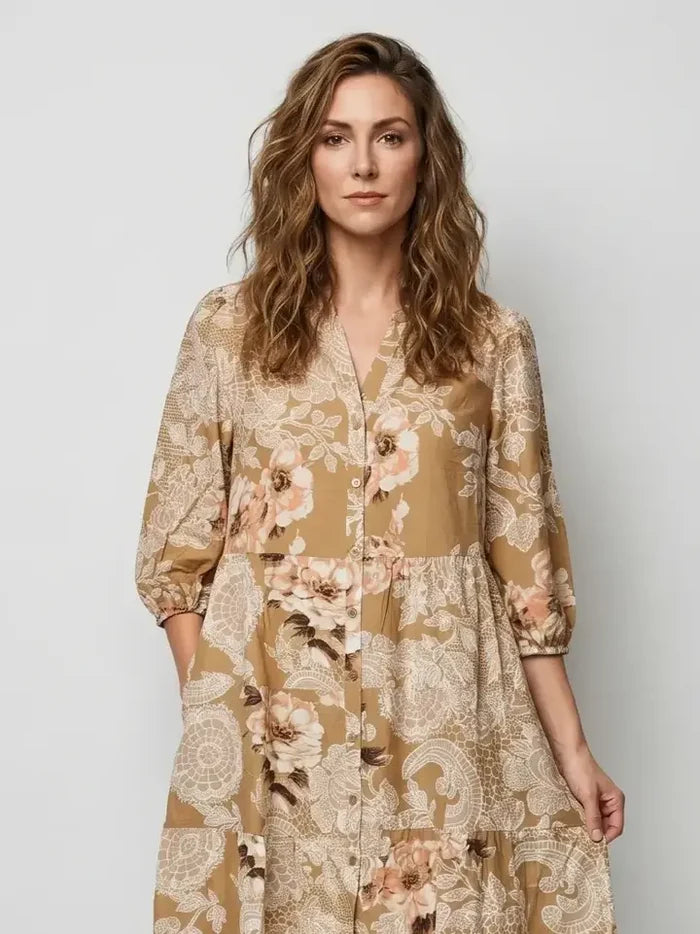 Linique Floral Button Down Peasant Sleeve Midi Dress