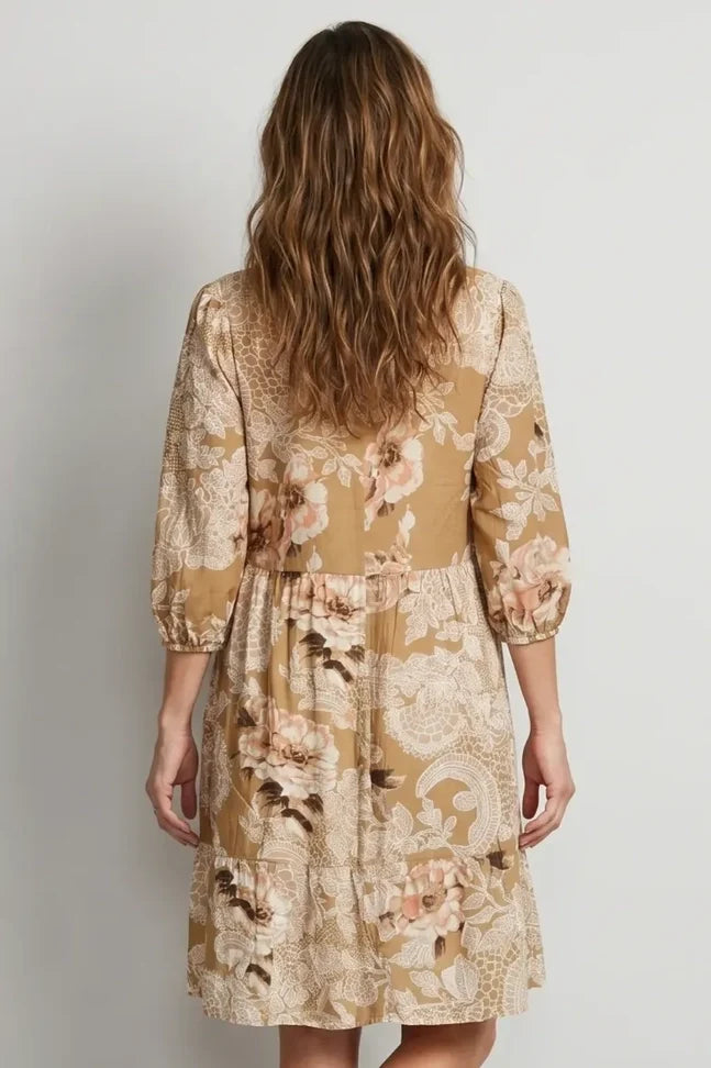 Linique Floral Button Down Peasant Sleeve Midi Dress