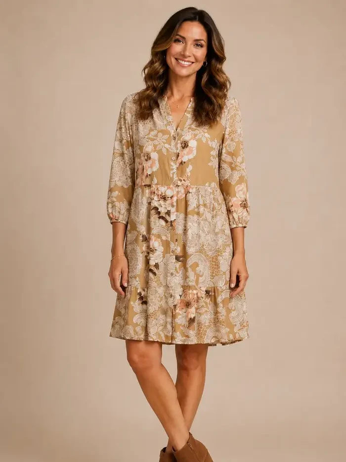 Linique Floral Button Down Peasant Sleeve Midi Dress