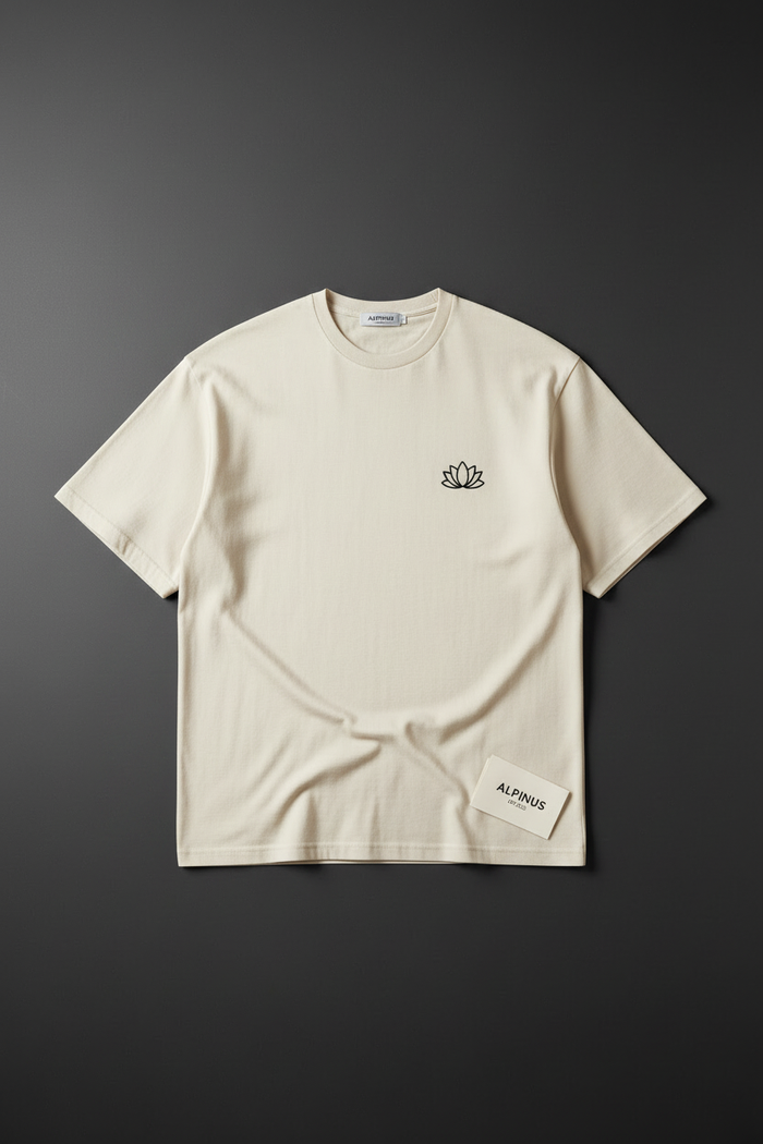 Lotus Minimal Embroidery Tee — Cream oversized tee with lotus chest embroidery by Varidon