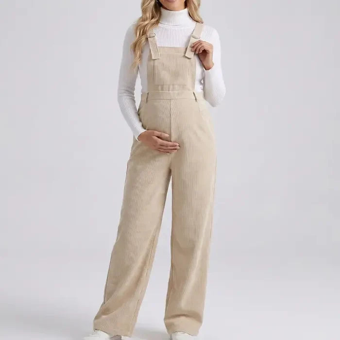 Maternity Corduroy Overall Jumpsuit with Adjustable Straps and Wide Leg Fit