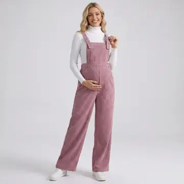 Maternity Corduroy Overall Jumpsuit with Adjustable Straps and Wide Leg Fit