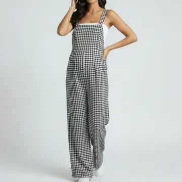 Maternity Gingham Wide Leg Jumpsuit with Adjustable Straps Square Neck Loose Fit Overalls
