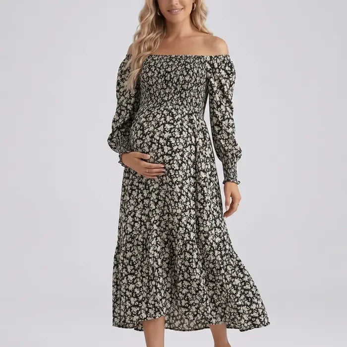 Maternity Off Shoulder Floral Midi Dress with Smocked Bodice and Tiered Hem
