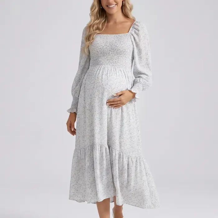 Maternity Off Shoulder Floral Midi Dress with Smocked Bodice and Tiered Hem