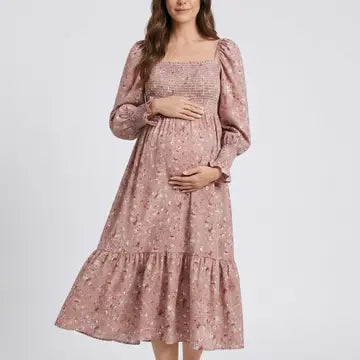 Maternity Off Shoulder Floral Midi Dress with Smocked Bodice and Tiered Hem