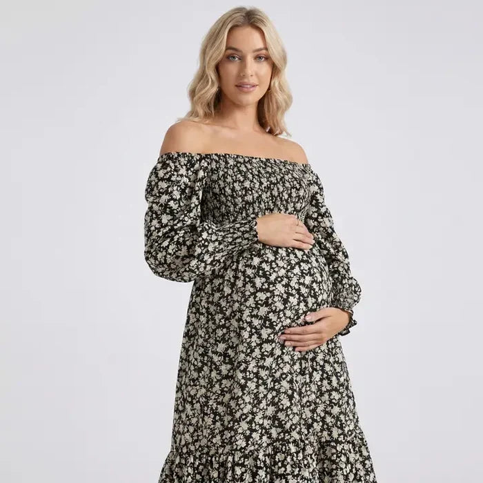 Maternity Off Shoulder Floral Midi Dress with Smocked Bodice and Tiered Hem