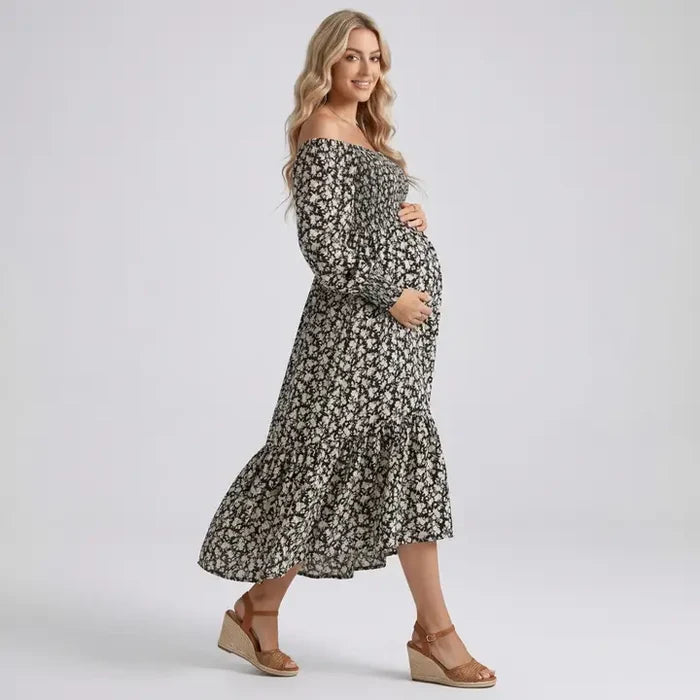 Maternity Off Shoulder Floral Midi Dress with Smocked Bodice and Tiered Hem
