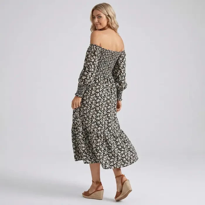 Maternity Off Shoulder Floral Midi Dress with Smocked Bodice and Tiered Hem