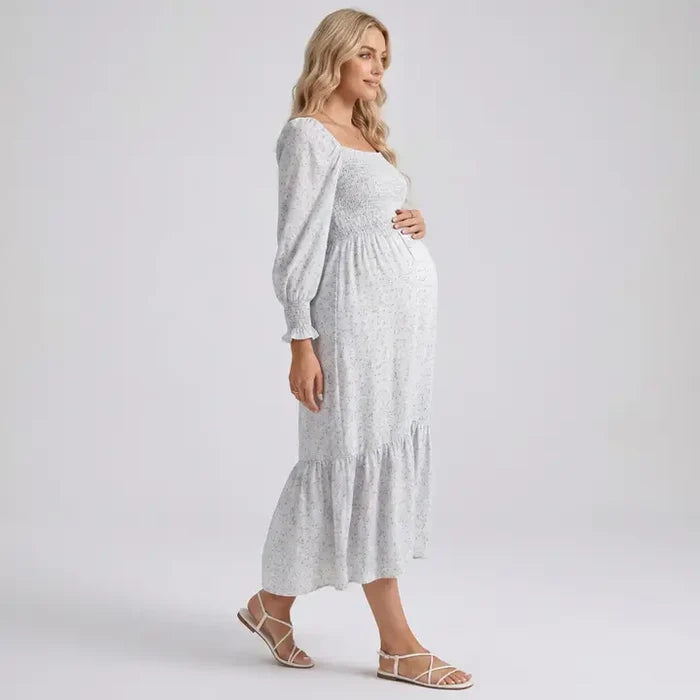 Maternity Off Shoulder Floral Midi Dress with Smocked Bodice and Tiered Hem