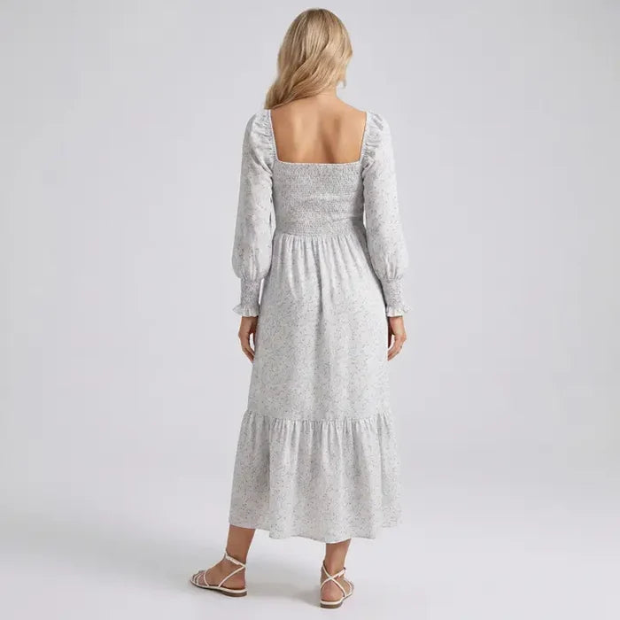 Maternity Off Shoulder Floral Midi Dress with Smocked Bodice and Tiered Hem