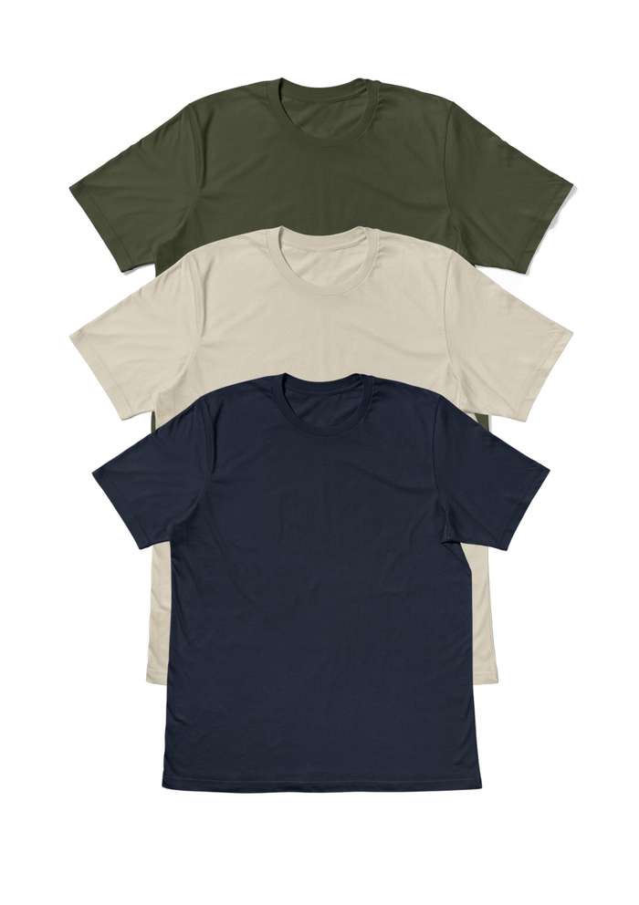 womens_sessential-3pack-t-shirt-bundle- military green, sand, navy front flat image