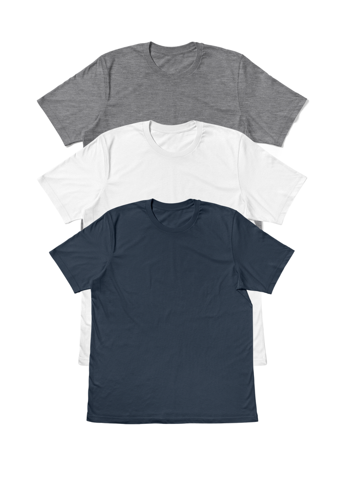 The Weekend 3 Pack T-Shirt Bundle, Slate Blue, White, Heather Gray Stacked Front View