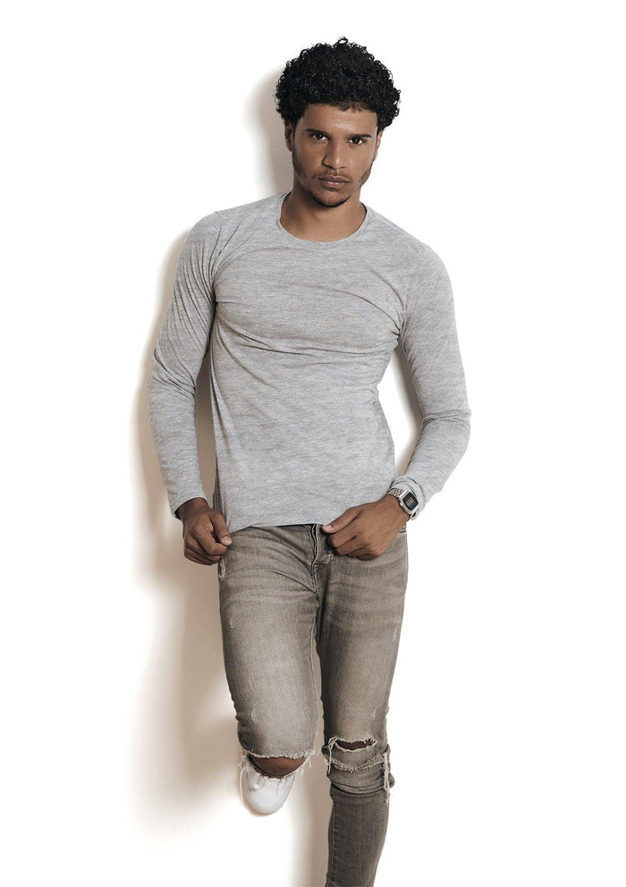 mens gray classic fit t-shirt long sleeve crew neck heather airlume cotton lifestyle image