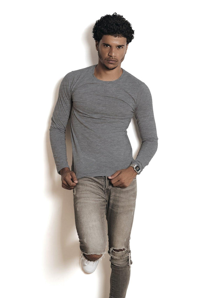mens heather gray classic fit t-shirt long sleeve crew neck heather airlume cotton lifestyle image