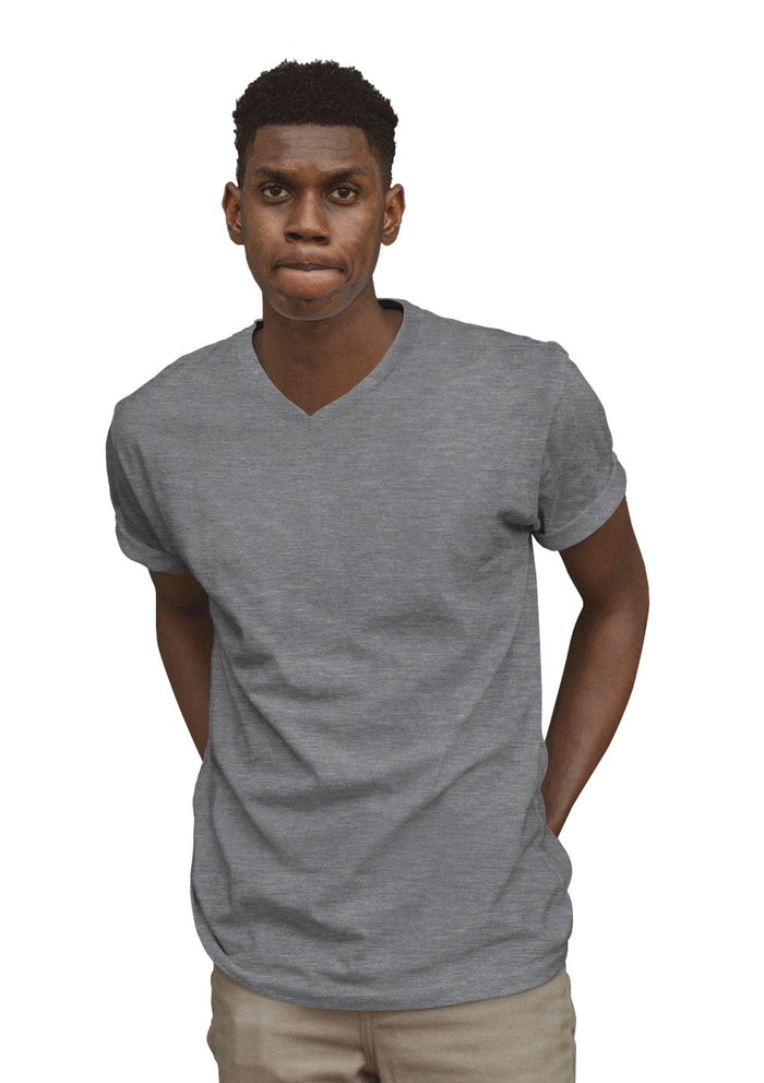 mens heather grey classic fit  t-shirt long sleeve v-neck heather airlume cotton lifestyle image
