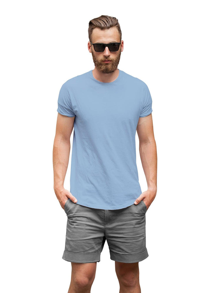 Model wearing Men’s Baby Blue Classic Fit T-Shirt front lifestyle view