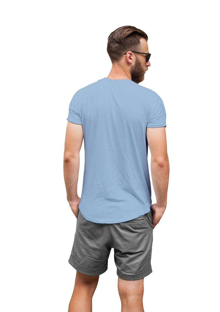 Model wearing Men’s Baby Blue Classic Fit T-Shirt back lifestyle view
