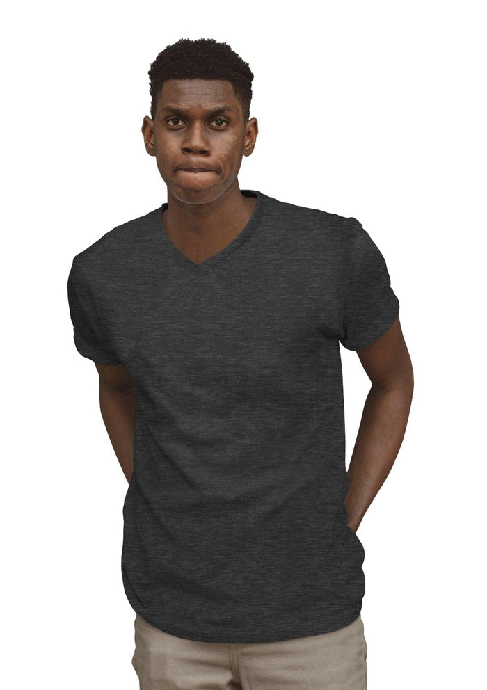 mens gray classic fit t-shirt short sleeve v- neck heather airlume cotton lifestyle image