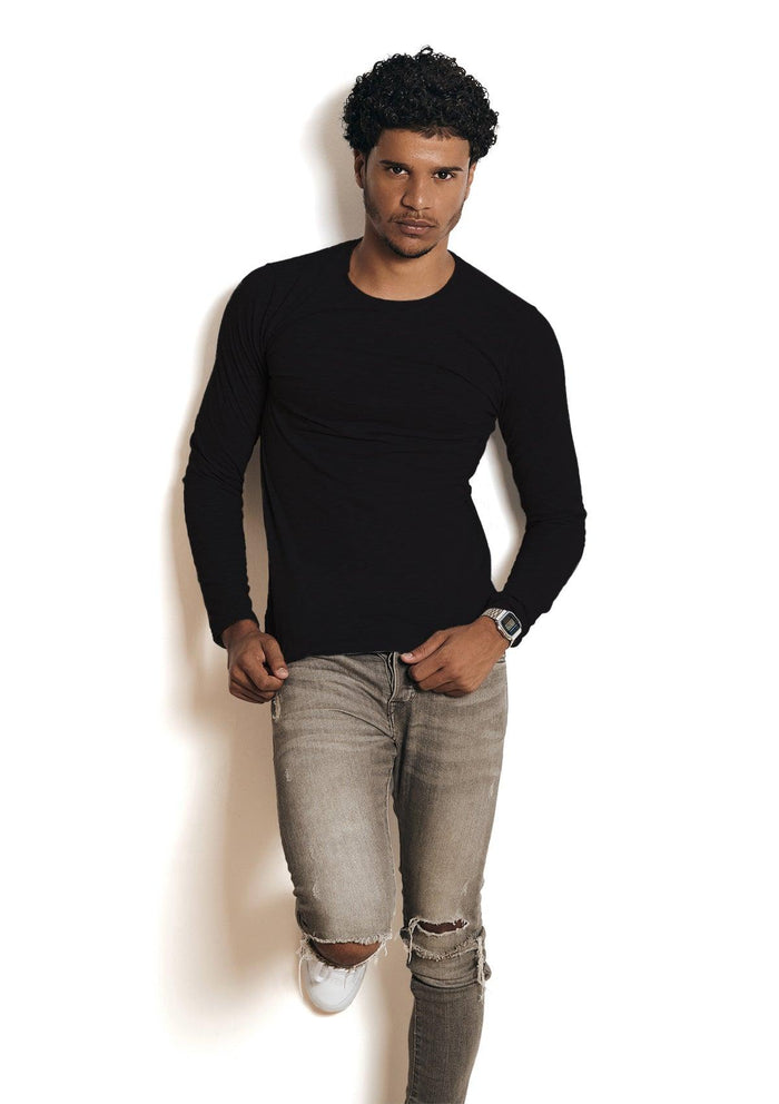 Men’s black long sleeve Airlume cotton t-shirt - back view