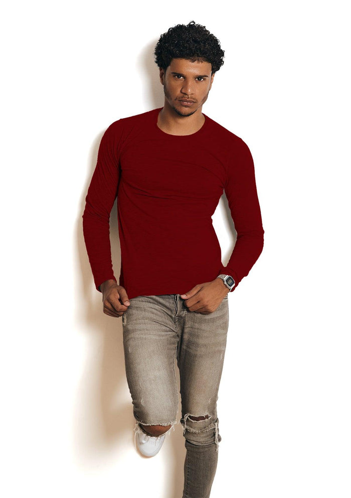 mens burgundy classic fit  t-shirt long  sleeve crew neck airlume cotton lifestyle image
