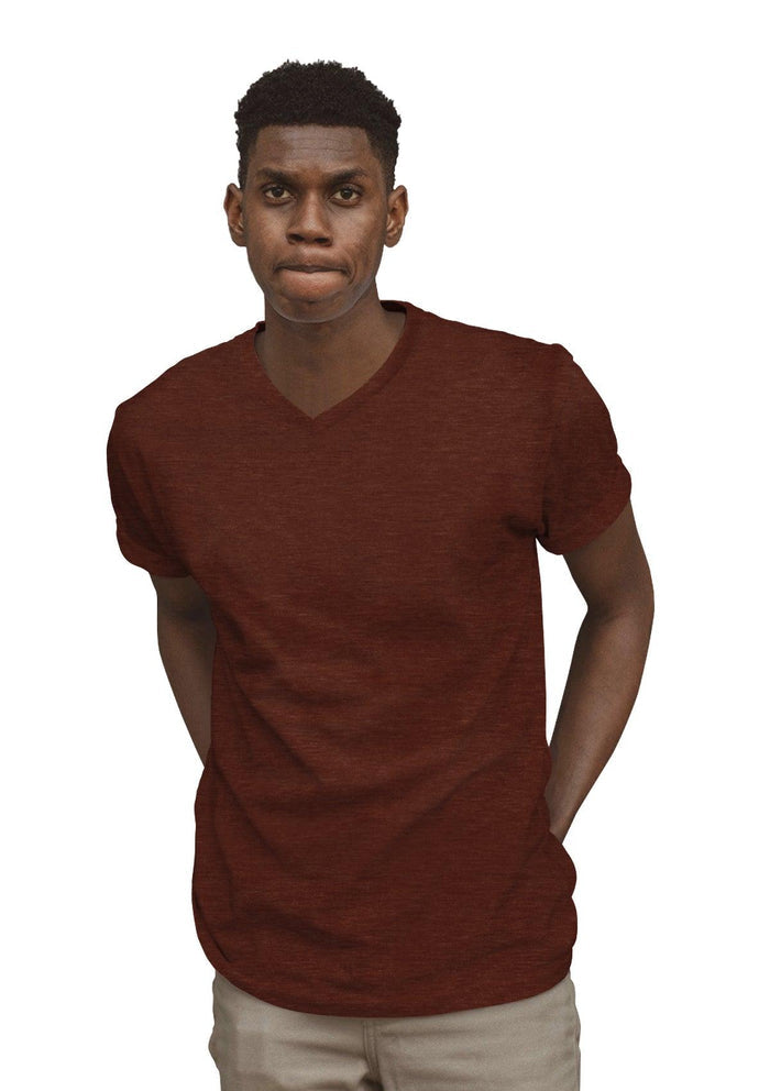 mens brown classic fit t-shirt short sleeve v-neck airlume cotton  lifestyle image